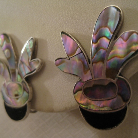 925 STERLING Abalone Mexican Earrings 1980s New - Picture 4 of 8